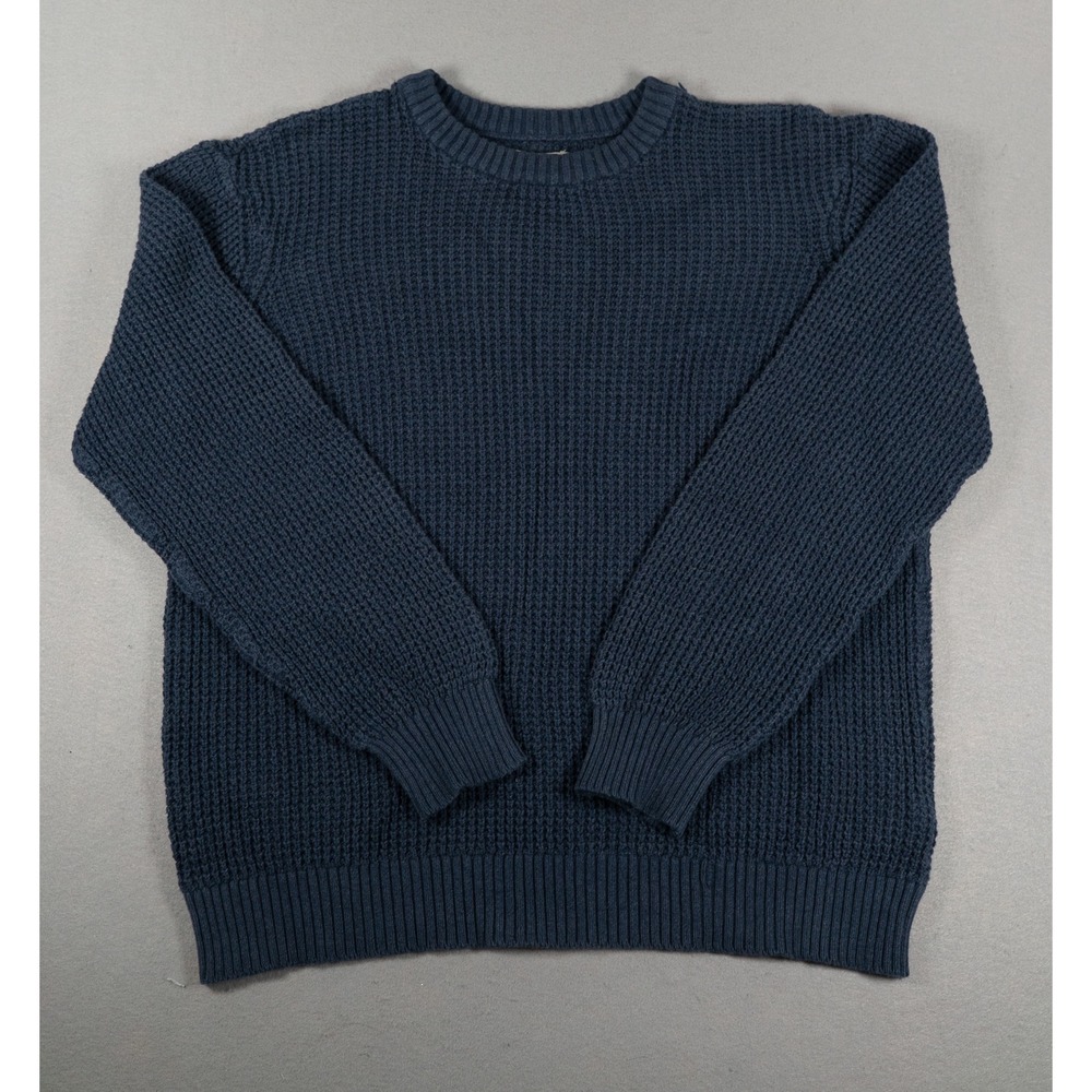 Pact Mens Sweater Large Navy Blue Waffle Knit Organic Cotton Crewneck Pullover